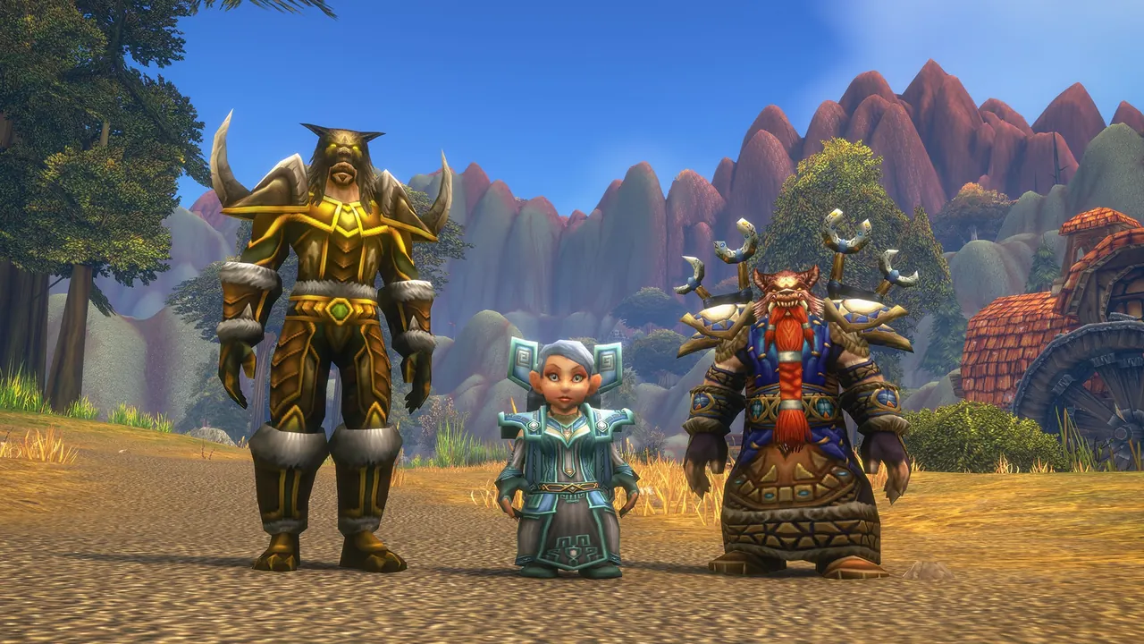 A tall, horned Tauren in gold-green armor with a Gnome and a Dwarf on a dirt road before red hills and a mill