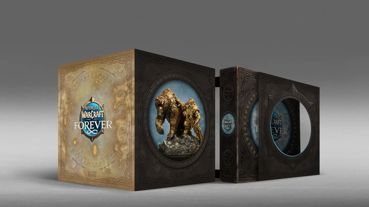 Render der WoW Forever Sammleredition: ein Umkarton mit Kartenmuster und Forever-Logo neben einem dunklen Schuber mit einem runden Fenster mit Bärenrelief