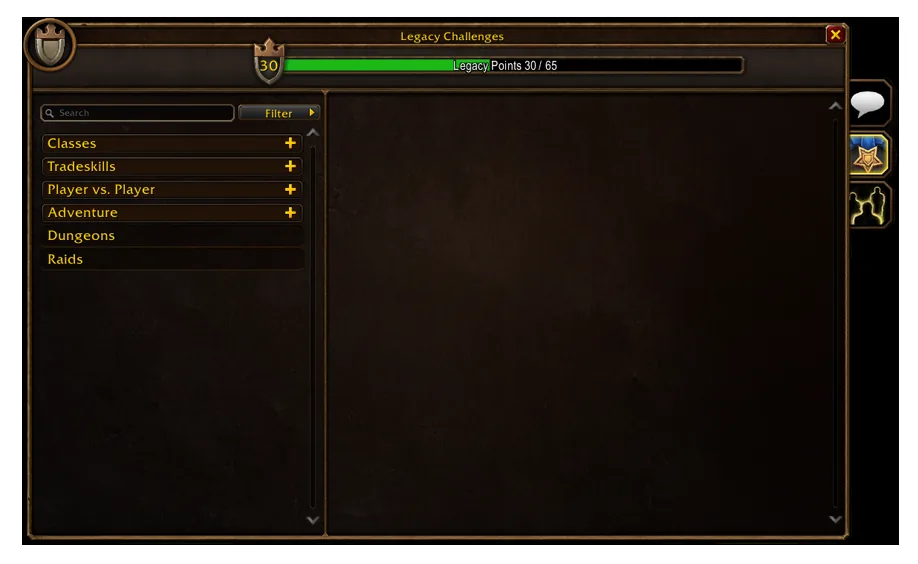 WoW Forever Legacy Challenges window showing 30 of 65 Legacy Points and six collapsed challenge categories