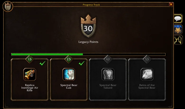 Fenêtre Legacy Progress Track de WoW Forever à 30 Legacy Points, avec deux des quatre récompenses de palier débloquées le long d’une barre verte