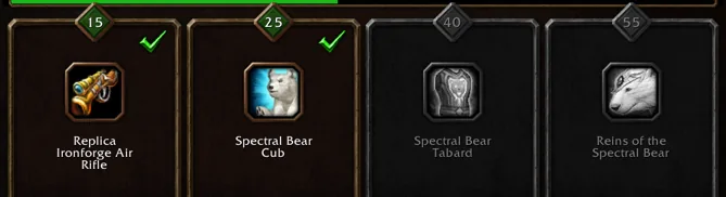 Fila de recompensas de Legacy con la Réplica de rifle de aire comprimido de Forjaz en 15, el Cachorro de oso espectral en 25, el Tabardo de oso espectral en 40 y las Riendas del oso espectral en 55