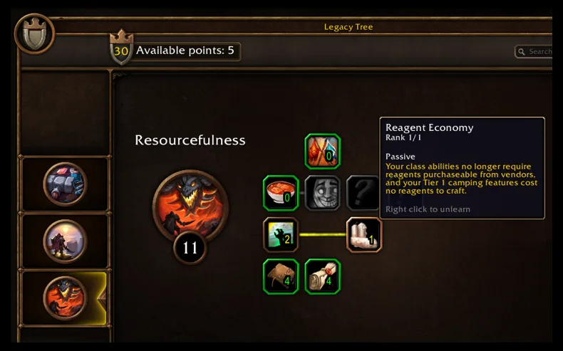 WoW Forever Legacy Tree window on the Resourcefulness tab, with the Reagent Economy tooltip open and 5 points available