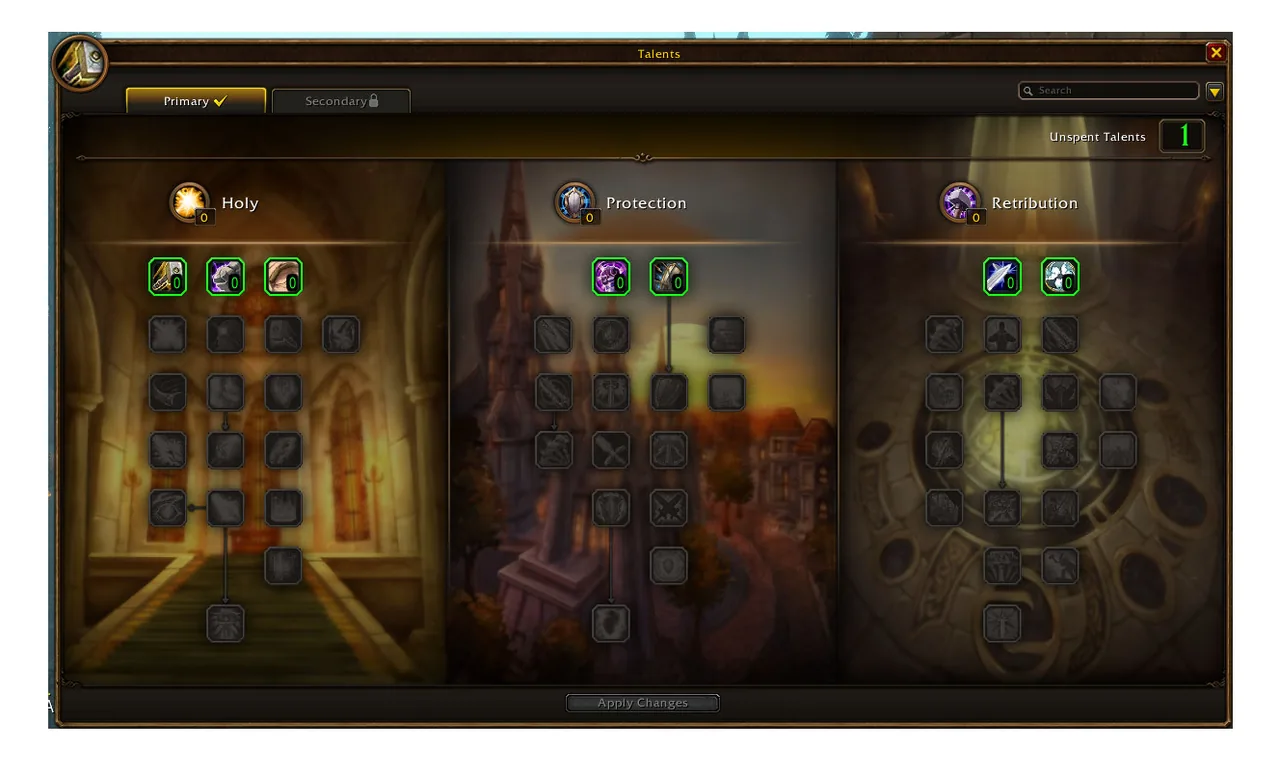 WoW Forever Paladin talent window with the Holy, Protection and Retribution trees side by side and their first-row talents highlighted