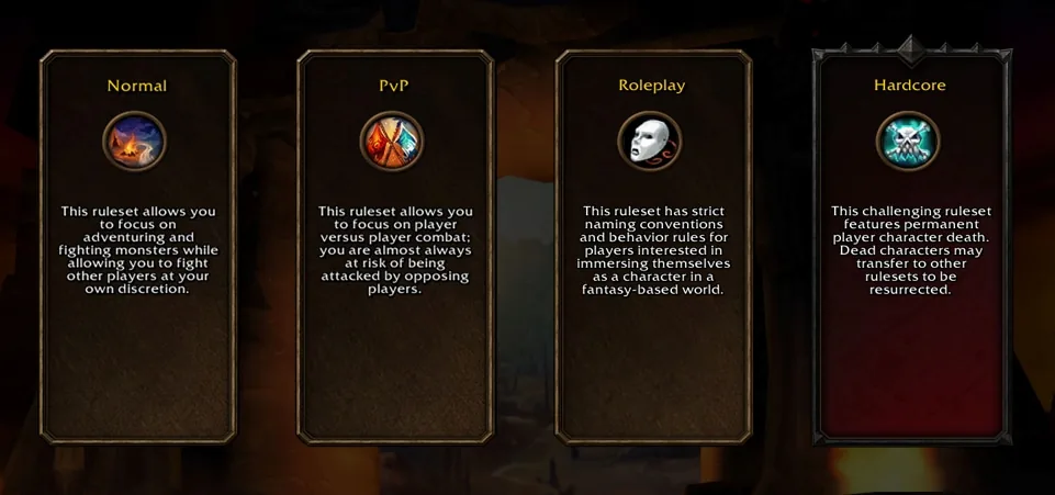Auswahlbildschirm für das Regelwerk in WoW Forever mit vier Feldern für Normal, PvP, Rollenspiel und Hardcore; das Hardcore-Feld ist rot umrandet