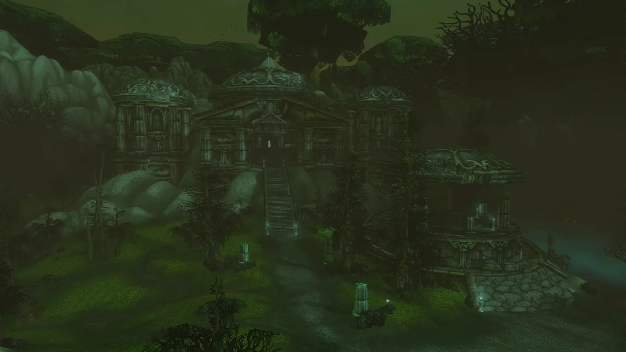 Fog-shrouded Highborne-style domed hall with a long staircase and round pavilions among dark trees, shown for Shen'dralas