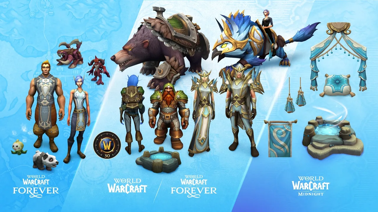 Produktmontage des Skyborne Epic Pack auf einer hellblauen Karte: Outfits an mehreren Völkern, ein Bären-Reittier, ein blau gefiedertes Reittier, Haustiere, Banner und Dekor
