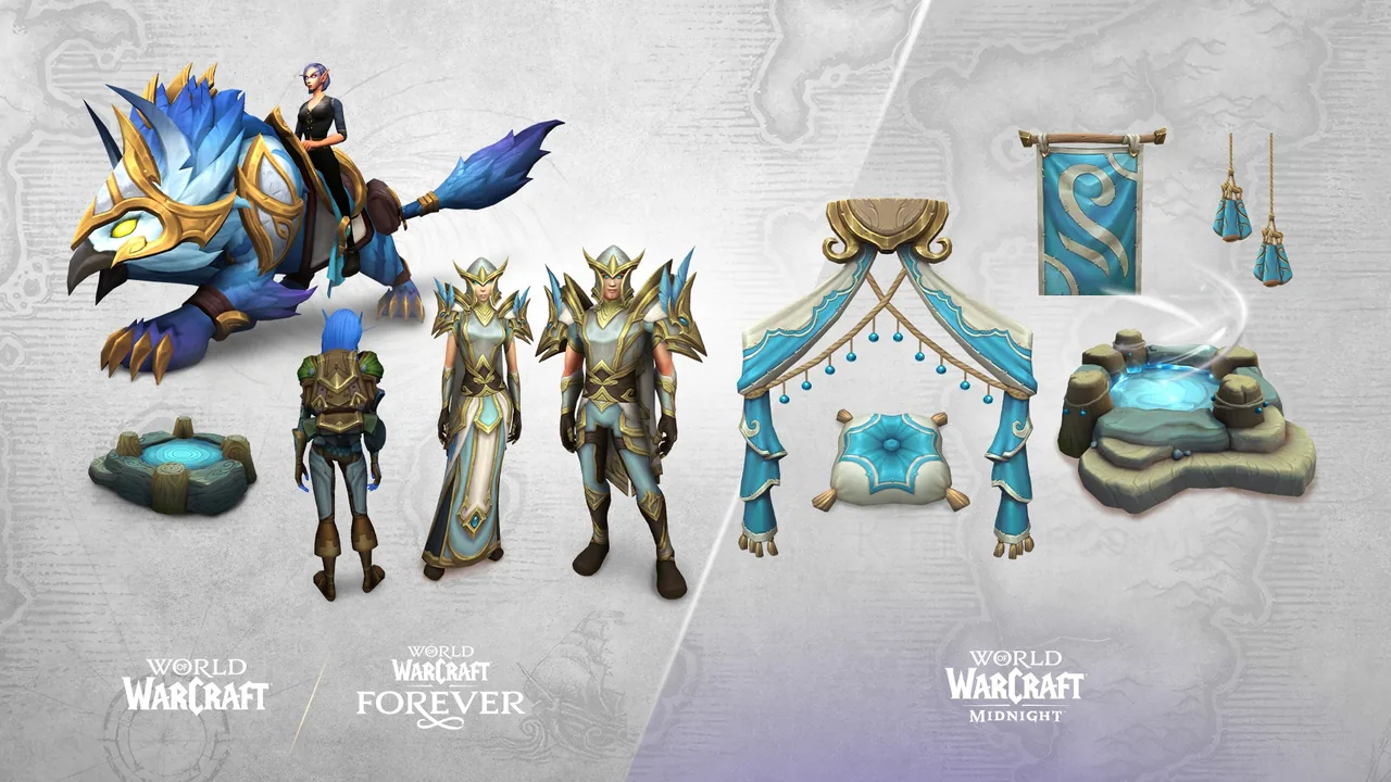 Produktmontage des Skyborne Heroic Pack auf einer grauen Karte: ein blau gefiedertes Reittier in goldener Rüstung mit Reiter, Skyborne-Outfits, ein Banner, ein Kissen und ein leuchtender Brunnen