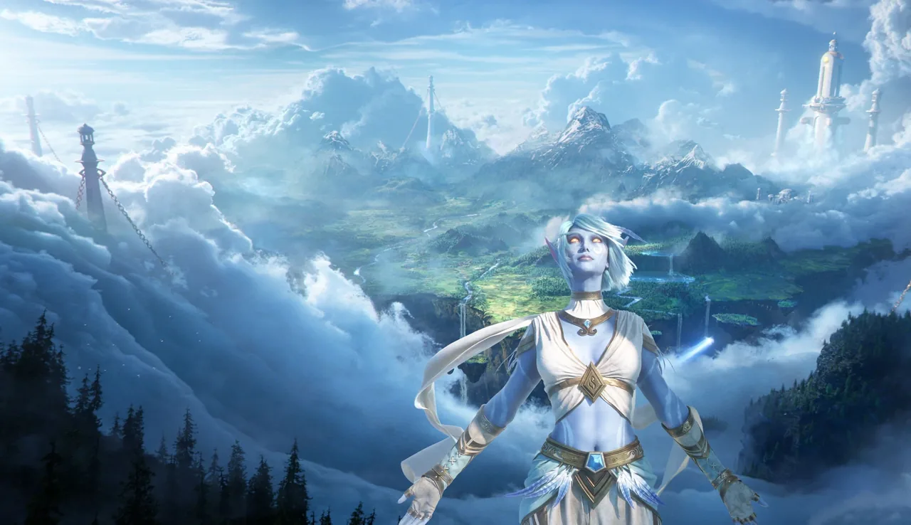 Artwork einer Skyborne-Frau mit hellblauer Haut und weißem Haar, die Arme ausgebreitet vor wolkenverhangenen Gipfeln und weißen Türmen