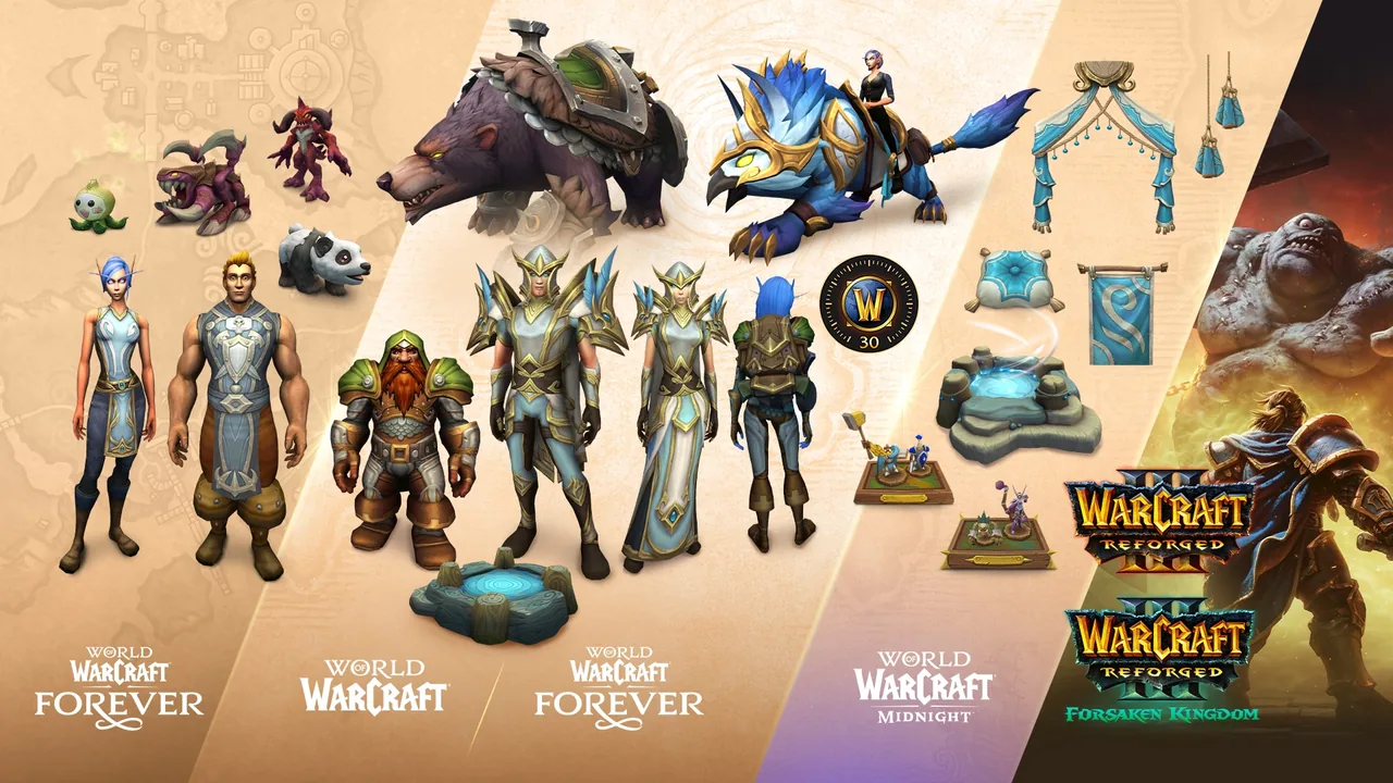 Montage der Warcraft Forever Collection auf einer cremefarbenen Karte: Outfits, ein Bären-Reittier, ein blau gefiedertes Reittier mit Reiter, Haustiere, Dekor und Artwork von Warcraft III Reforged