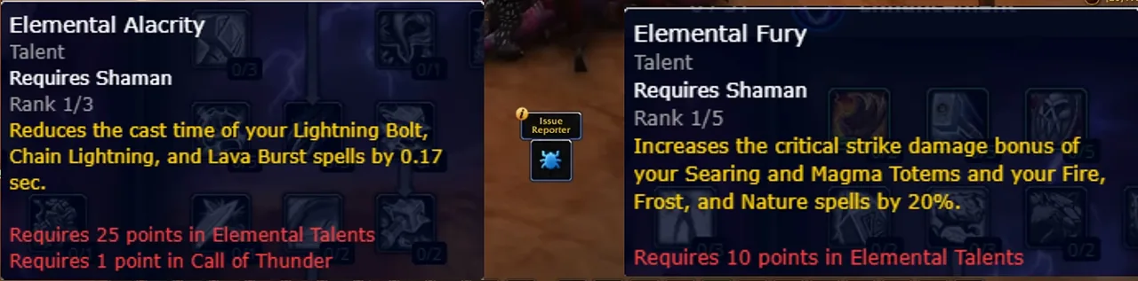 Tooltips der Schamanentalente Elementare Geschwindigkeit und Elementarfuror im Beta-Client mit ihren Anforderungen an Punkte und Call of Thunder