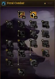 Árbol de Combate feral en una calculadora comunitaria de talentos de druida sin puntos gastados, seis talentos marcados con estrella como nuevos y trece marcados como cambiados respecto a Classic