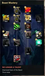 WoW Forever Hunter Beast Mastery talent tree in the community demo calculator, with Summon Hawk and Focused Fire among the new pet and hawk talents
