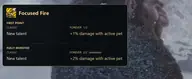 Focused Fire talent tooltip from the WoW Forever Hunter Beast Mastery tree, showing 1 percent damage per point while a pet is active