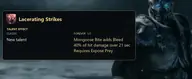 Lacerating Strikes talent tooltip from the WoW Forever Hunter Survival tree, showing a Mongoose Bite bleed worth 40 percent of hit damage over 21 seconds