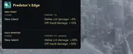 Predator's Edge talent tooltip from the WoW Forever Hunter Survival tree, showing melee critical damage and off-hand damage bonuses for dual wielding