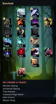 WoW Forever Hunter Survival talent tree in the community demo calculator, showing the melee-focused layout that ends in Lacerating Strikes