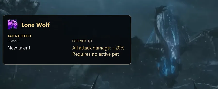 Infobulle du talent Loup solitaire dans l’arbre Précision du chasseur de WoW Forever, indiquant 20 pour cent de dégâts d’attaque en plus tant qu’aucun familier n’est actif