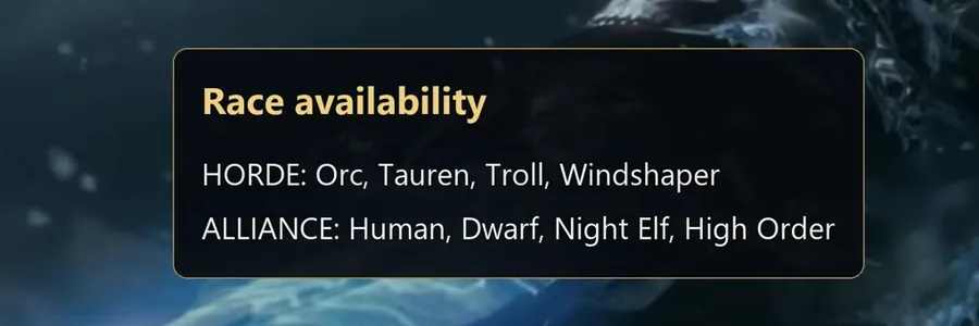Karte zur Verfügbarkeit der Jäger-Völker in WoW Forever mit Orc, Tauren, Troll und Windshaper für die Horde sowie Mensch, Zwerg, Nachtelf und Der Hohe Orden für die Allianz