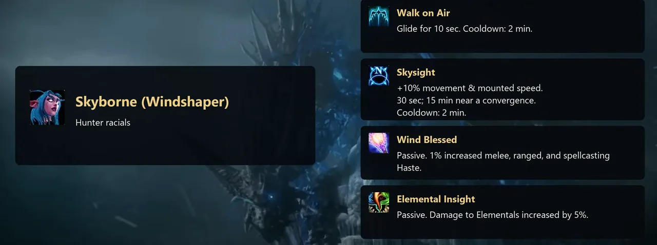 Volksfähigkeiten-Tafel der Skyborne Windshaper für den Jäger mit Walk on Air, Skysight, Wind Blessed und Elemental Insight