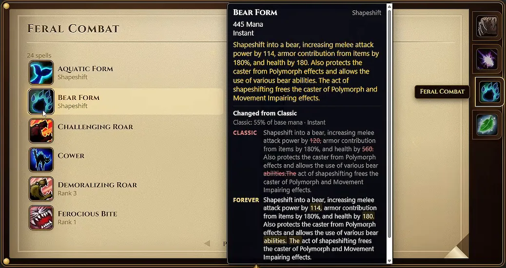 Descripción emergente de Forma de oso en el libro de hechizos de Combate feral de la calculadora de Talents Forever, con el texto de Classic y el de Forever uno al lado del otro