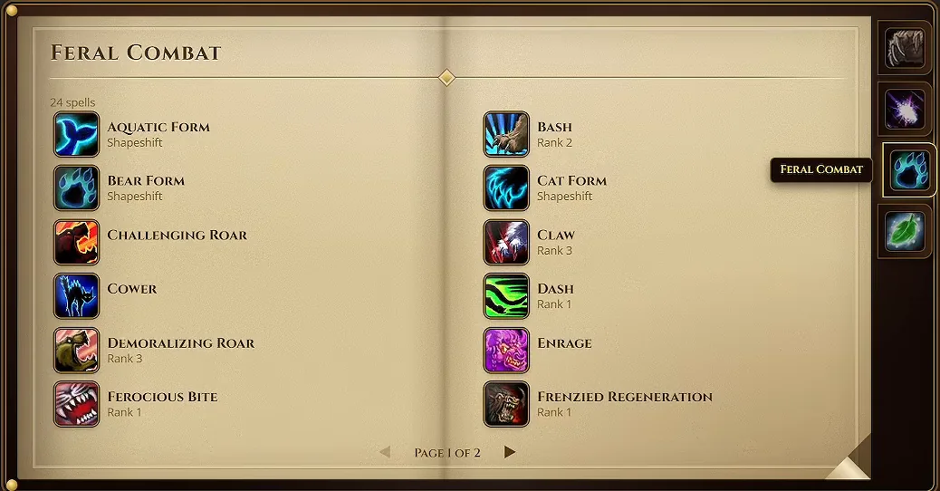 Primera página del libro de hechizos de Combate feral en la calculadora Talents Forever, con Forma de oso, Forma felina, Zarpa, Diligencia, Pavor y Clamor desafiante