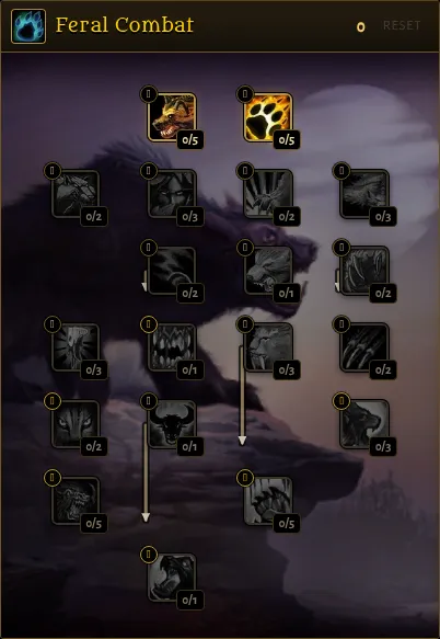 Feral Combat talent-tree panel in the WoW Forever Talents calculator, with rank counters beside the reported Druid talents.