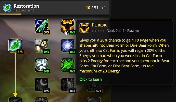 Descripción emergente del talento Furor en el árbol de Recuperación de la calculadora Talents Forever, con Ira en Forma de oso y Energía en Forma felina