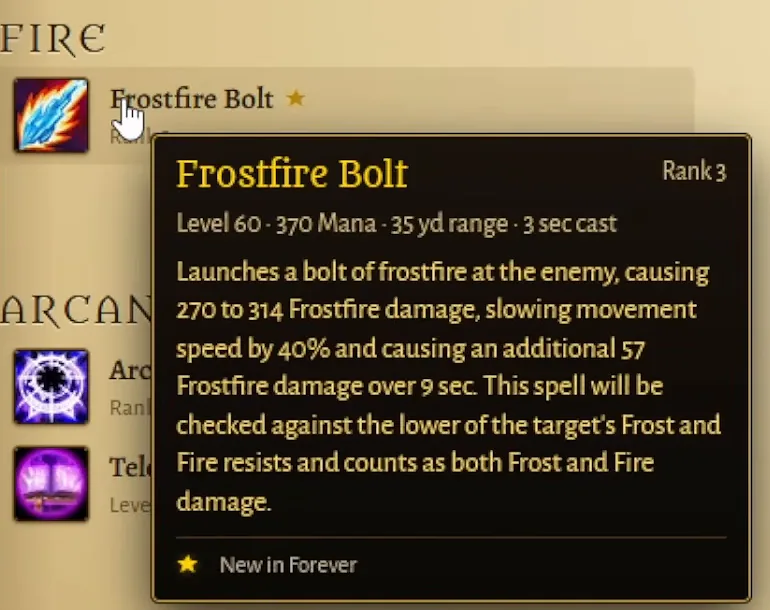 Tooltip von Frostfeuerblitz Rang 3 in einer Community-Magier-Zauberliste, als neu in Forever markiert: Stufe 60, 370 Mana, 3 Sek. Zauberzeit und 270 bis 314 Frostfeuerschaden
