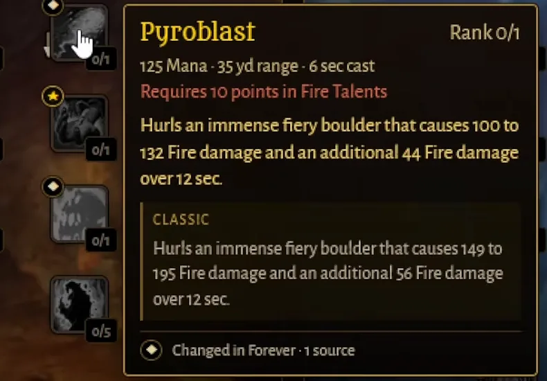 Tooltip des Talents Pyroschlag in einem Community-Magier-Talentrechner auf Rang 0 von 1, in Forever als geändert markiert, mit 125 Mana, 6 Sek. Zauberzeit und einem Classic-Vergleich