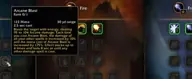 Arcane Blast spell tooltip in the WoW Forever Mage demo, listing 95 to 104 Arcane damage, a 10 percent damage stack and a 175 percent mana cost increase
