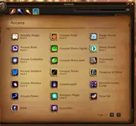 Zauberbuchseite Arkan in der WoW-Forever-Magier-Demo: Arkanschlag auf Rang 5 neben Arkane Geschosse, Arkane Macht, Gegenzauber, Hervorrufung und Geistesgegenwart