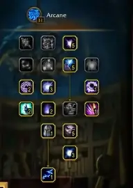 WoW Forever Mage Arcane talent tree in the community demo calculator, showing the Arcane Blast and Missile Barrage branch with 31 points spent