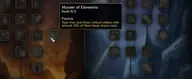 Master of Elements talent tooltip in the WoW Forever Mage demo, showing Fire and Frost critical strikes refunding 10 percent of base mana cost