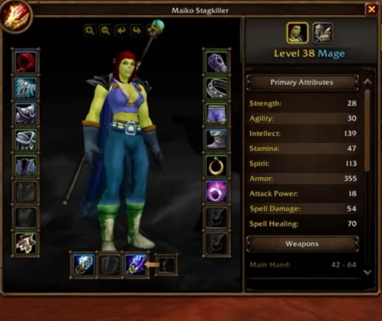 Charakterbogen eines Orc-Magiers in der WoW-Forever-Demo: ein Magier der Stufe 38 mit 139 Intelligenz, 355 Rüstung und 54 Zauberschaden