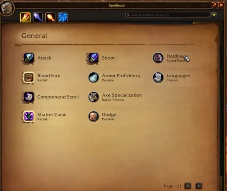 Allgemeine Zauberbuchseite eines Orc-Magiers in der WoW-Forever-Demo mit Blood Fury, Shatter Curse, Hardiness und Axe Specialization