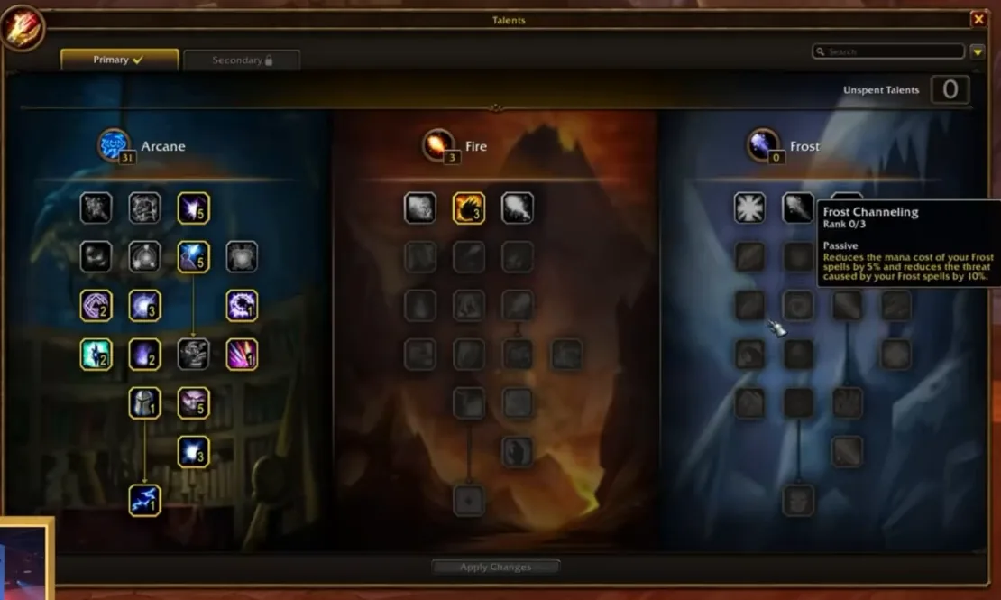 WoW-Forever-Magier-Talentfenster in der Community-Demo mit den Bäumen Arkan, Feuer und Frost nebeneinander und 31 ausgegebenen Punkten in Arkan