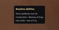 Tarjeta de habilidades base del paladín de WoW Forever con un libro de hechizos de la demo de nivel 38 que incluye Consagración, Bendición de los Reyes, Golpe Sagrado y Sello de furia