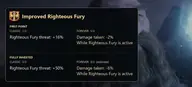Descripción emergente del talento Furia justa mejorada del árbol Protección del paladín de WoW Forever, con un 6 % menos de daño recibido en lugar de la bonificación de amenaza de Classic