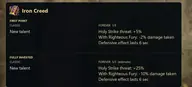 Iron Creed talent tooltip from the WoW Forever Paladin Protection tree, showing 25 percent Holy Strike threat and a six second damage reduction