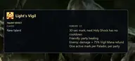 Light's Vigil talent tooltip from the WoW Forever Paladin Holy tree, showing a 30 second mark that removes the next Holy Shock cooldown