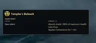 Templar's Bulwark talent tooltip from the WoW Forever Paladin Protection tree, showing an absorb shield worth 100 percent of maximum health for eight seconds