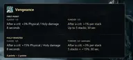 Descripción emergente del talento Venganza del árbol Reprensión del paladín de WoW Forever, con un 3 % de daño por acumulación hasta cinco acumulaciones durante 30 segundos