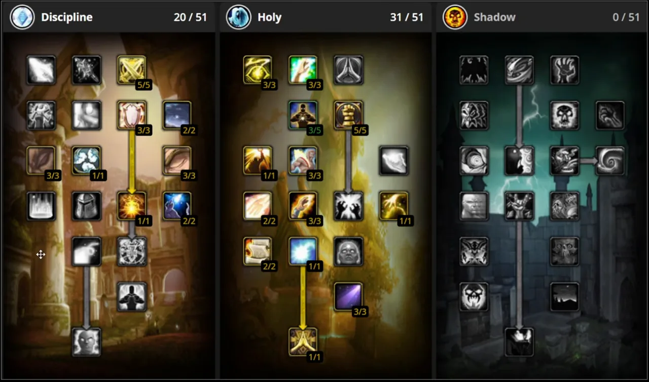 Los árboles de talentos de Disciplina, Sagrado y Sombra, uno junto a otro, en una calculadora de talentos de sacerdote de la comunidad, con la build PvP del creador del vídeo cargada