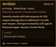 Tooltip des Talents Verstümmeln in einem Talentrechner der Community für Schurken, in Forever als neu markiert, trifft mit beiden Waffen und gibt 2 Combopunkte