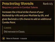 Tooltip des Talents Durchbohrende Wunden in einem Talentrechner der Community für Schurken: erhöht die kritische Trefferchance von Meucheln und Verstümmeln sowie die Combopunkt-Chance von Meucheln