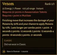 Tooltip des Talents Toxin in einem Talentrechner der Community für Schurken, ein Finisher, der Giftschaden erhöht, mit Dauern von 9 bis 21 Sekunden je nach Combopunkten