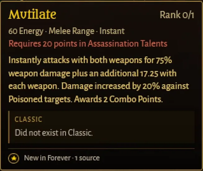 Tooltip des Talents Verstümmeln in einem Talentrechner der Community für Schurken, in Forever als neu markiert, trifft mit beiden Waffen und gibt 2 Combopunkte