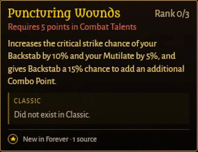 Tooltip des Talents Durchbohrende Wunden in einem Talentrechner der Community für Schurken: erhöht die kritische Trefferchance von Meucheln und Verstümmeln sowie die Combopunkt-Chance von Meucheln