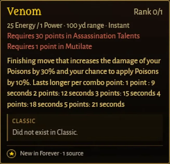 Tooltip des Talents Toxin in einem Talentrechner der Community für Schurken, ein Finisher, der Giftschaden erhöht, mit Dauern von 9 bis 21 Sekunden je nach Combopunkten