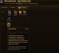 Tooltip von Erdschock im Zauberbuch des WoW-Forever-Schamanen: 162 bis 171 Naturschaden, sechs Sekunden Abklingzeit und viel Bedrohung, mit Feuernova als Grundfähigkeit